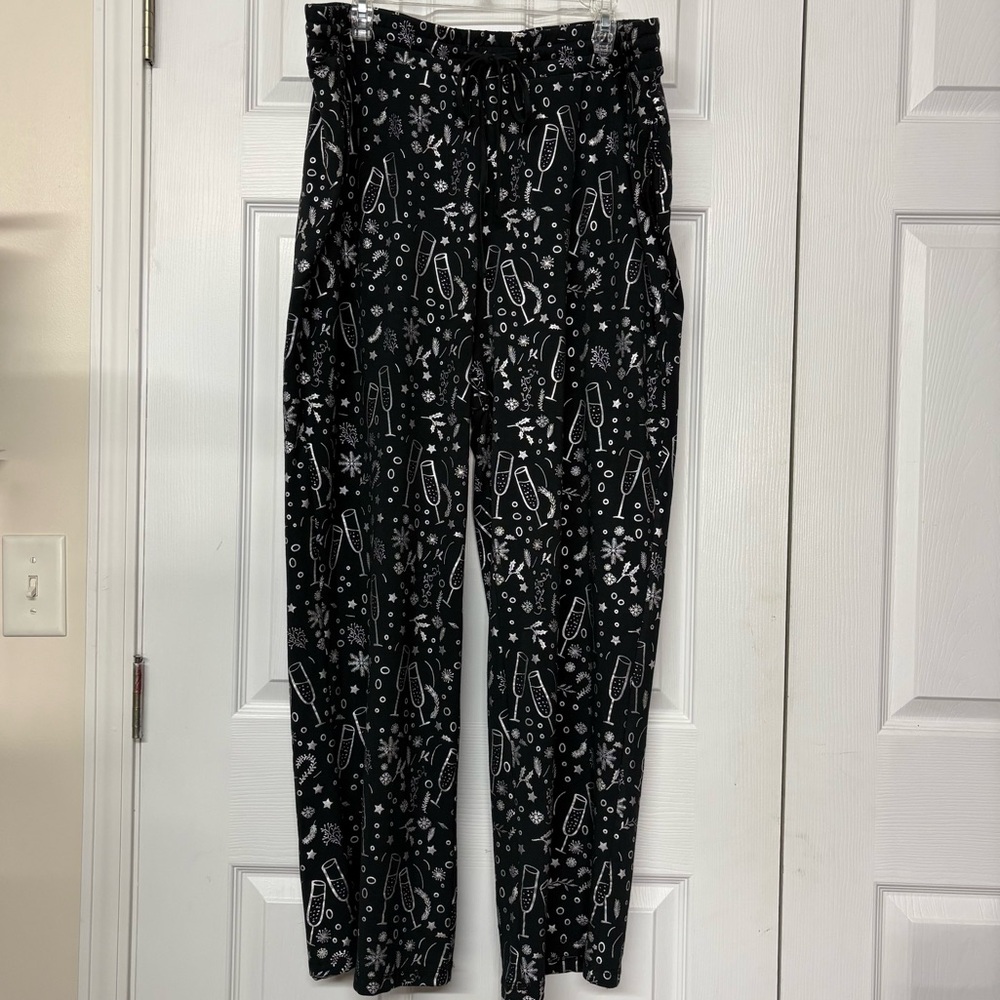Soft Surroundings Black Silver Holiday Print Festive Lounge Pants Sz 2X